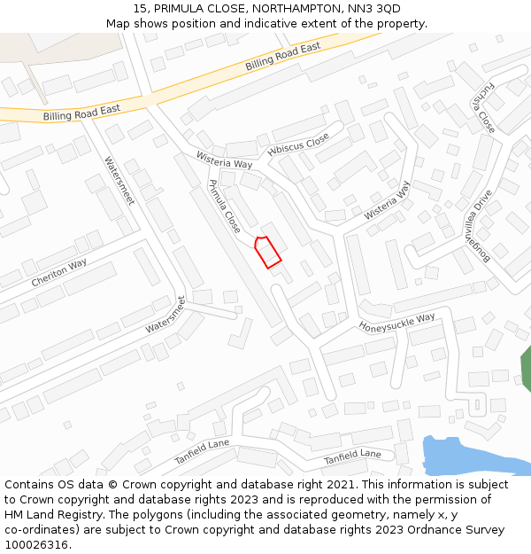 15, PRIMULA CLOSE, NORTHAMPTON, NN3 3QD: Location map and indicative extent of plot