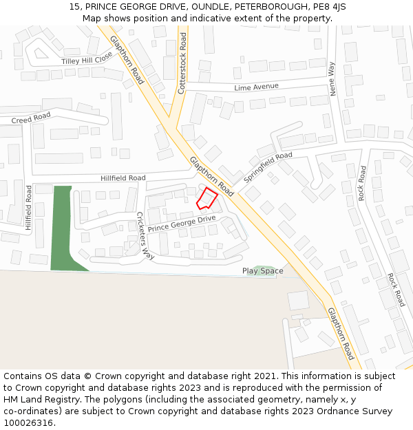 15, PRINCE GEORGE DRIVE, OUNDLE, PETERBOROUGH, PE8 4JS: Location map and indicative extent of plot