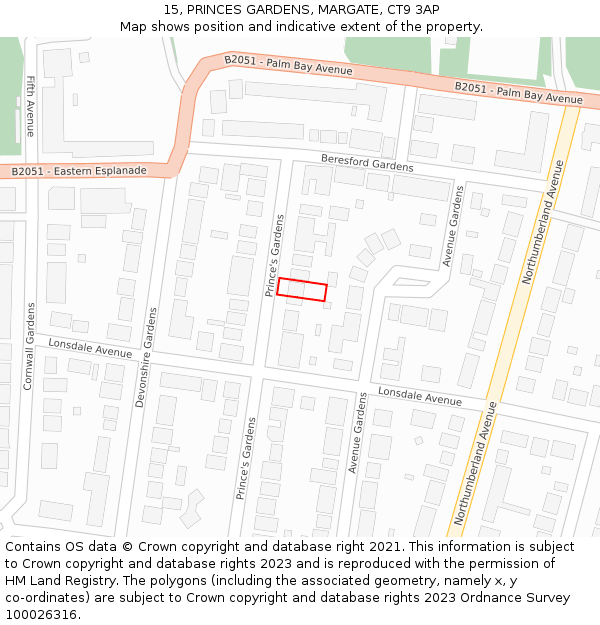 15, PRINCES GARDENS, MARGATE, CT9 3AP: Location map and indicative extent of plot