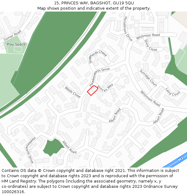 15, PRINCES WAY, BAGSHOT, GU19 5QU: Location map and indicative extent of plot