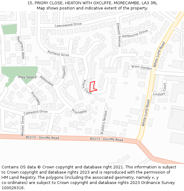 15, PRIORY CLOSE, HEATON WITH OXCLIFFE, MORECAMBE, LA3 3RL: Location map and indicative extent of plot