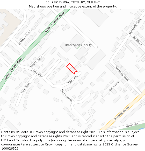 15, PRIORY WAY, TETBURY, GL8 8HT: Location map and indicative extent of plot