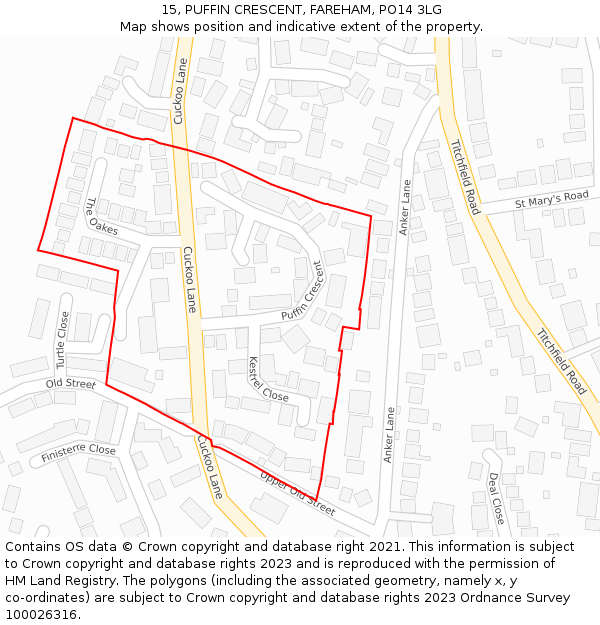 15, PUFFIN CRESCENT, FAREHAM, PO14 3LG: Location map and indicative extent of plot