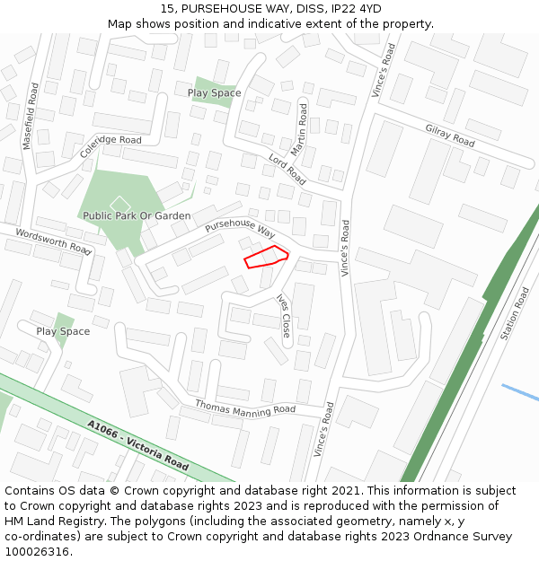 15, PURSEHOUSE WAY, DISS, IP22 4YD: Location map and indicative extent of plot