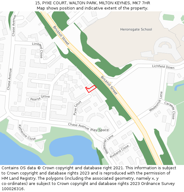 15, PYXE COURT, WALTON PARK, MILTON KEYNES, MK7 7HR: Location map and indicative extent of plot