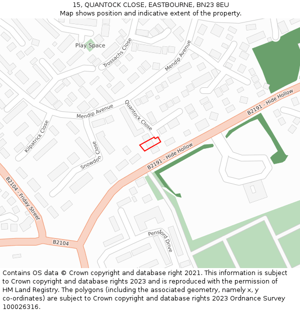 15, QUANTOCK CLOSE, EASTBOURNE, BN23 8EU: Location map and indicative extent of plot