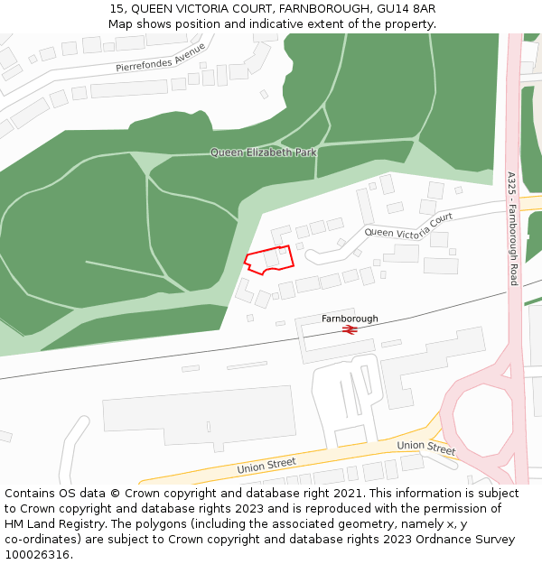 15, QUEEN VICTORIA COURT, FARNBOROUGH, GU14 8AR: Location map and indicative extent of plot