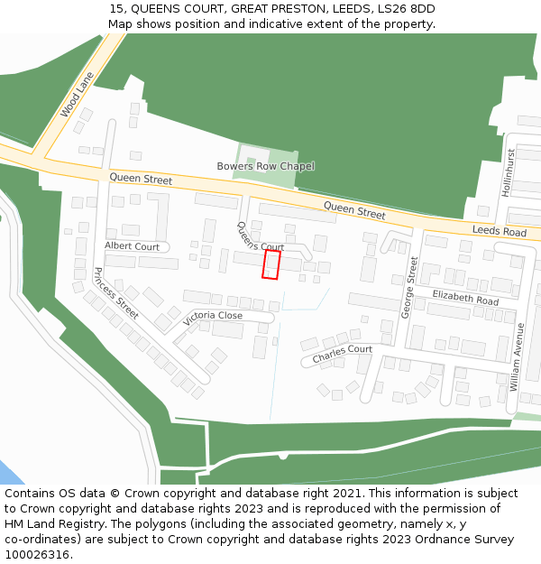 15, QUEENS COURT, GREAT PRESTON, LEEDS, LS26 8DD: Location map and indicative extent of plot