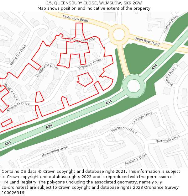 15, QUEENSBURY CLOSE, WILMSLOW, SK9 2GW: Location map and indicative extent of plot