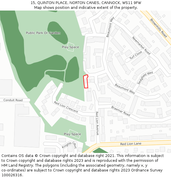 15, QUINTON PLACE, NORTON CANES, CANNOCK, WS11 9FW: Location map and indicative extent of plot