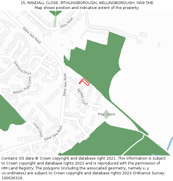 15, RANDALL CLOSE, IRTHLINGBOROUGH, WELLINGBOROUGH, NN9 5HE: Location map and indicative extent of plot