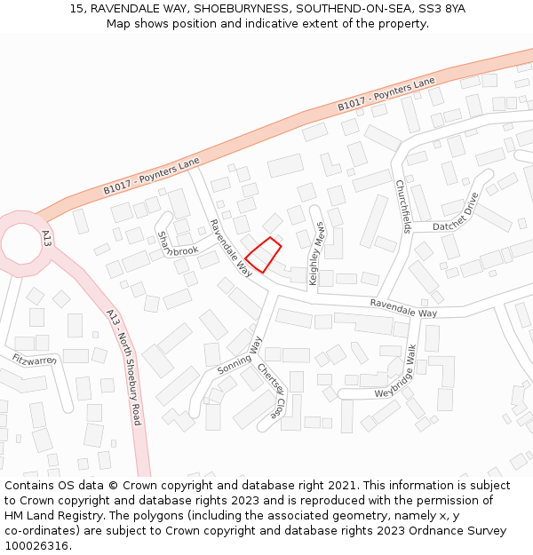 15, RAVENDALE WAY, SHOEBURYNESS, SOUTHEND-ON-SEA, SS3 8YA: Location map and indicative extent of plot