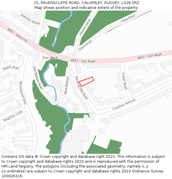 15, RAVENSCLIFFE ROAD, CALVERLEY, PUDSEY, LS28 5RZ: Location map and indicative extent of plot