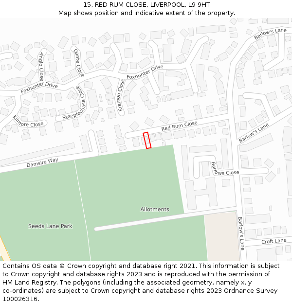 15, RED RUM CLOSE, LIVERPOOL, L9 9HT: Location map and indicative extent of plot