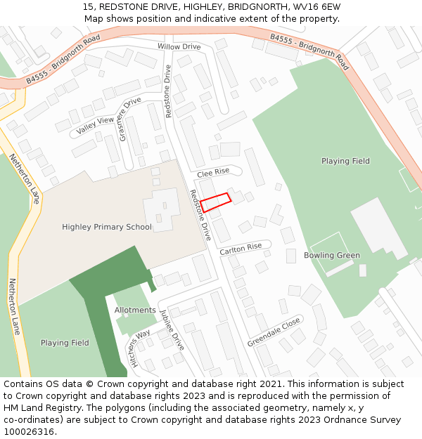 15, REDSTONE DRIVE, HIGHLEY, BRIDGNORTH, WV16 6EW: Location map and indicative extent of plot