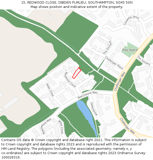 15, REDWOOD CLOSE, DIBDEN PURLIEU, SOUTHAMPTON, SO45 5SN: Location map and indicative extent of plot