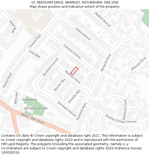 15, REEDHAM DRIVE, BRAMLEY, ROTHERHAM, S66 2SW: Location map and indicative extent of plot