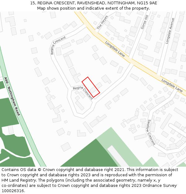 15, REGINA CRESCENT, RAVENSHEAD, NOTTINGHAM, NG15 9AE: Location map and indicative extent of plot