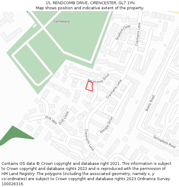 15, RENDCOMB DRIVE, CIRENCESTER, GL7 1YN: Location map and indicative extent of plot