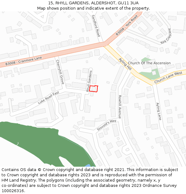 15, RHYLL GARDENS, ALDERSHOT, GU11 3UA: Location map and indicative extent of plot