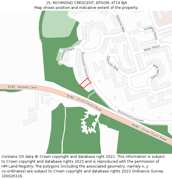 15, RICHMOND CRESCENT, EPSOM, KT19 8JA: Location map and indicative extent of plot