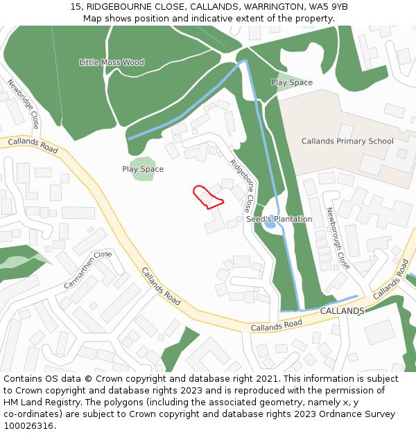 15, RIDGEBOURNE CLOSE, CALLANDS, WARRINGTON, WA5 9YB: Location map and indicative extent of plot