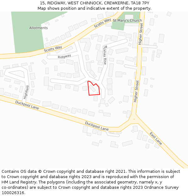 15, RIDGWAY, WEST CHINNOCK, CREWKERNE, TA18 7PY: Location map and indicative extent of plot