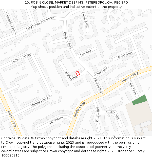15, ROBIN CLOSE, MARKET DEEPING, PETERBOROUGH, PE6 8PQ: Location map and indicative extent of plot