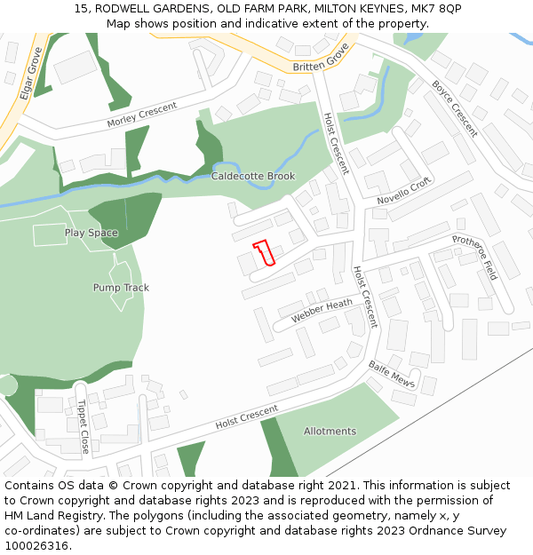 15, RODWELL GARDENS, OLD FARM PARK, MILTON KEYNES, MK7 8QP: Location map and indicative extent of plot