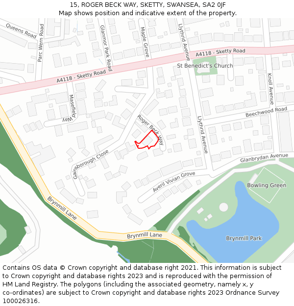 15, ROGER BECK WAY, SKETTY, SWANSEA, SA2 0JF: Location map and indicative extent of plot