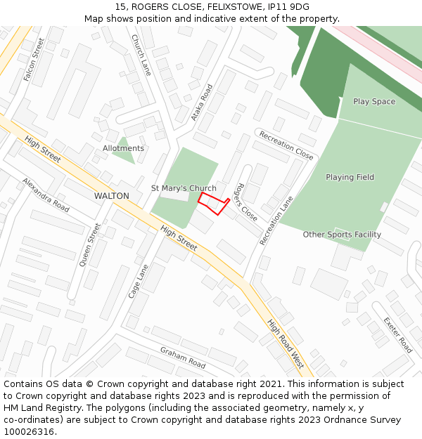 15, ROGERS CLOSE, FELIXSTOWE, IP11 9DG: Location map and indicative extent of plot