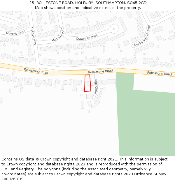 15, ROLLESTONE ROAD, HOLBURY, SOUTHAMPTON, SO45 2GD: Location map and indicative extent of plot