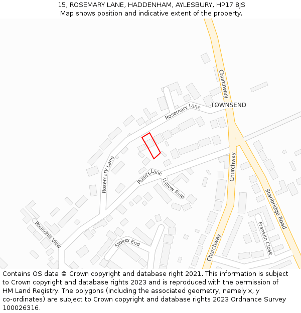 15, ROSEMARY LANE, HADDENHAM, AYLESBURY, HP17 8JS: Location map and indicative extent of plot