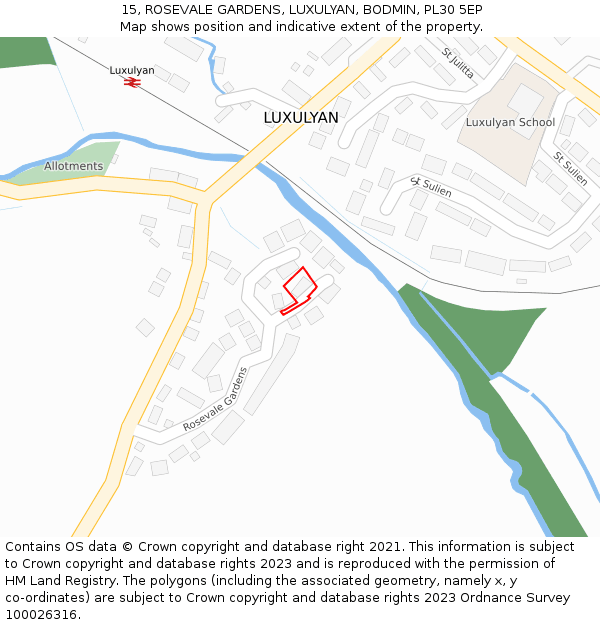 15, ROSEVALE GARDENS, LUXULYAN, BODMIN, PL30 5EP: Location map and indicative extent of plot