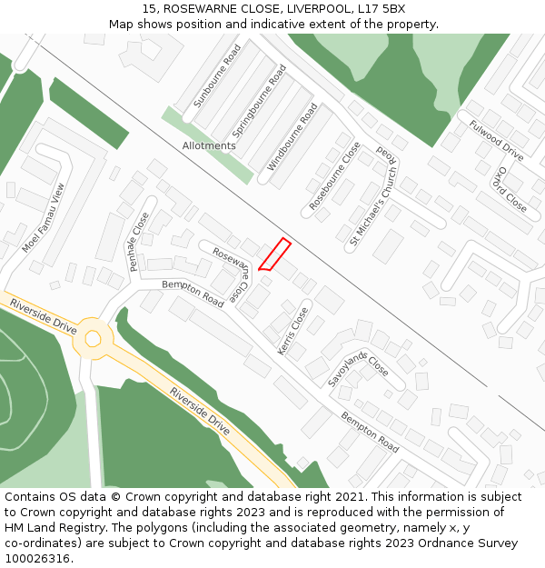 15, ROSEWARNE CLOSE, LIVERPOOL, L17 5BX: Location map and indicative extent of plot