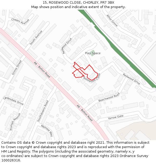 15, ROSEWOOD CLOSE, CHORLEY, PR7 3BX: Location map and indicative extent of plot