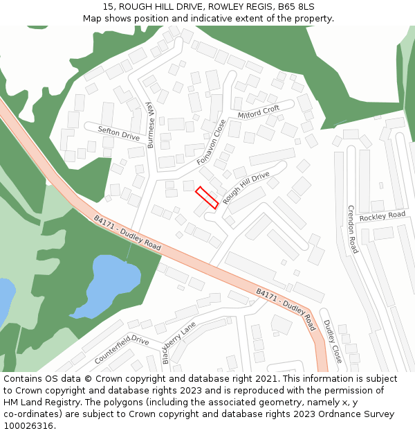 15, ROUGH HILL DRIVE, ROWLEY REGIS, B65 8LS: Location map and indicative extent of plot