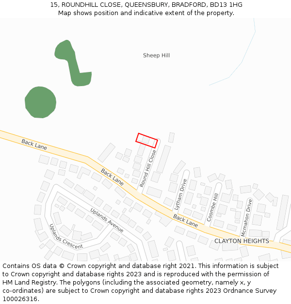 15, ROUNDHILL CLOSE, QUEENSBURY, BRADFORD, BD13 1HG: Location map and indicative extent of plot
