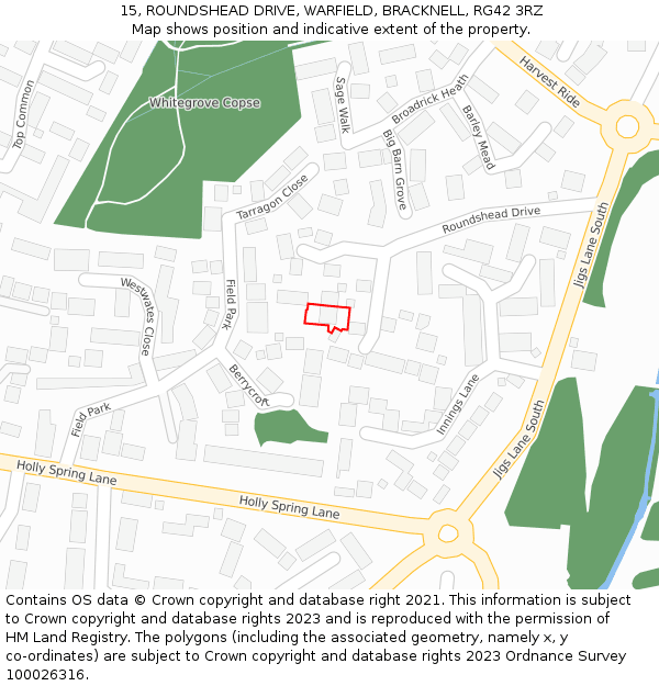 15, ROUNDSHEAD DRIVE, WARFIELD, BRACKNELL, RG42 3RZ: Location map and indicative extent of plot