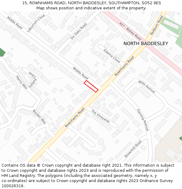 15, ROWNHAMS ROAD, NORTH BADDESLEY, SOUTHAMPTON, SO52 9ES: Location map and indicative extent of plot