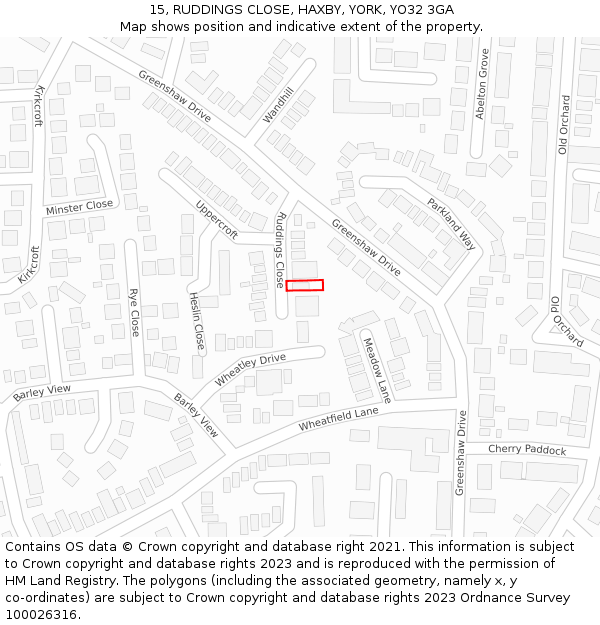 15, RUDDINGS CLOSE, HAXBY, YORK, YO32 3GA: Location map and indicative extent of plot