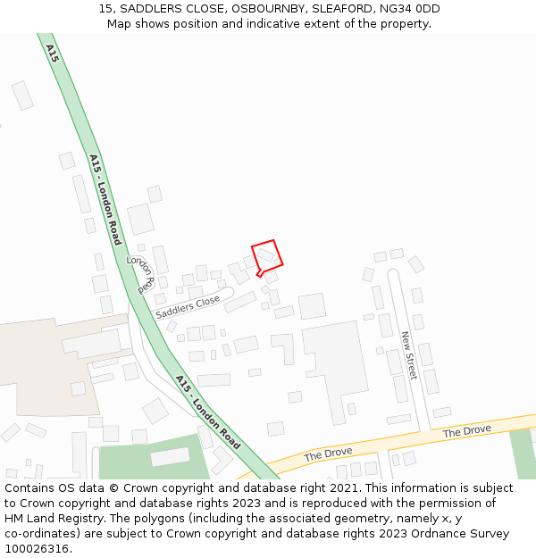 15, SADDLERS CLOSE, OSBOURNBY, SLEAFORD, NG34 0DD: Location map and indicative extent of plot