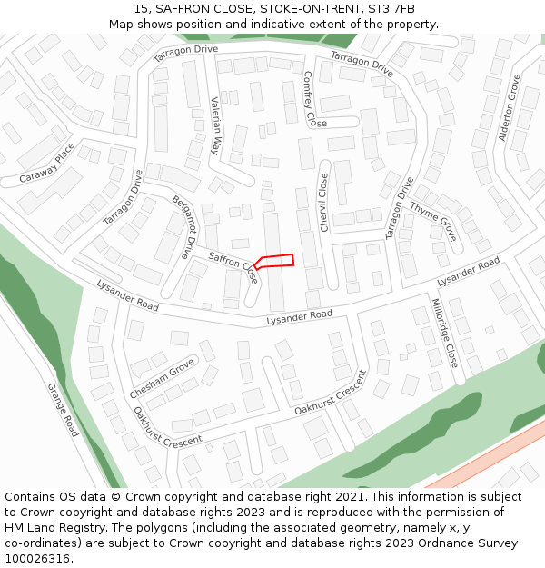 15, SAFFRON CLOSE, STOKE-ON-TRENT, ST3 7FB: Location map and indicative extent of plot