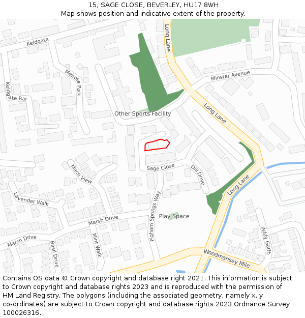 15, SAGE CLOSE, BEVERLEY, HU17 8WH: Location map and indicative extent of plot