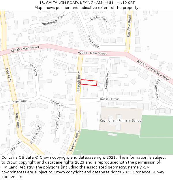 15, SALTAUGH ROAD, KEYINGHAM, HULL, HU12 9RT: Location map and indicative extent of plot