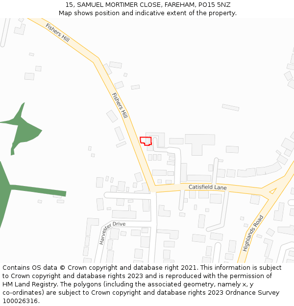 15, SAMUEL MORTIMER CLOSE, FAREHAM, PO15 5NZ: Location map and indicative extent of plot