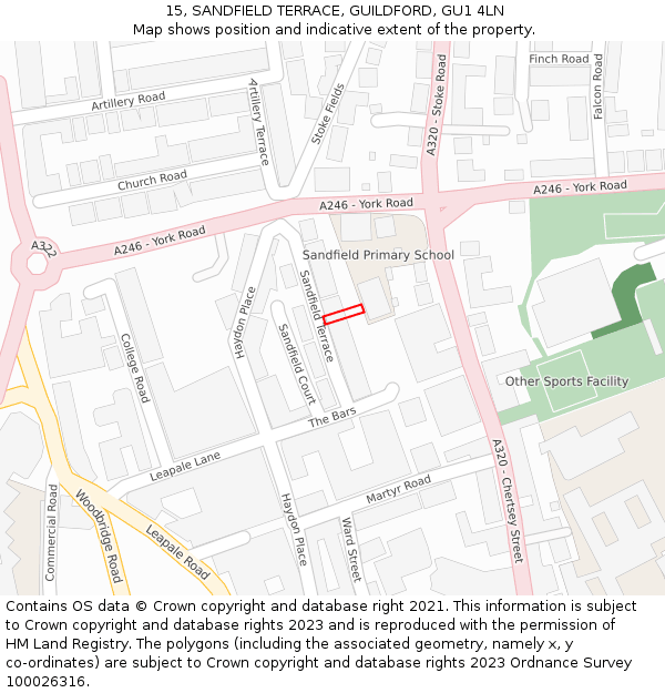 15, SANDFIELD TERRACE, GUILDFORD, GU1 4LN: Location map and indicative extent of plot