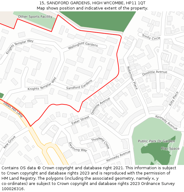 15, SANDFORD GARDENS, HIGH WYCOMBE, HP11 1QT: Location map and indicative extent of plot