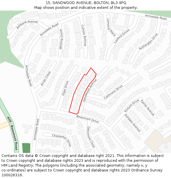 15, SANDWOOD AVENUE, BOLTON, BL3 4PQ: Location map and indicative extent of plot