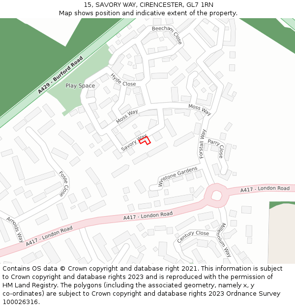 15, SAVORY WAY, CIRENCESTER, GL7 1RN: Location map and indicative extent of plot
